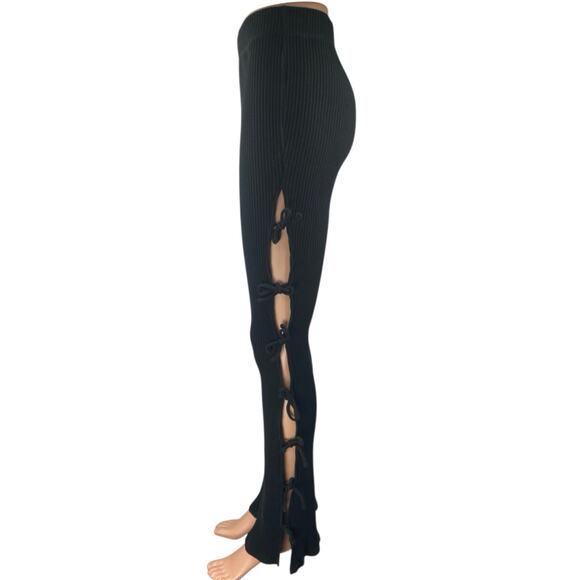 White Fox Women's Black Rib Knit Cutout Knot Side Flared Trousers Pants Size S - Picture 3 of 6